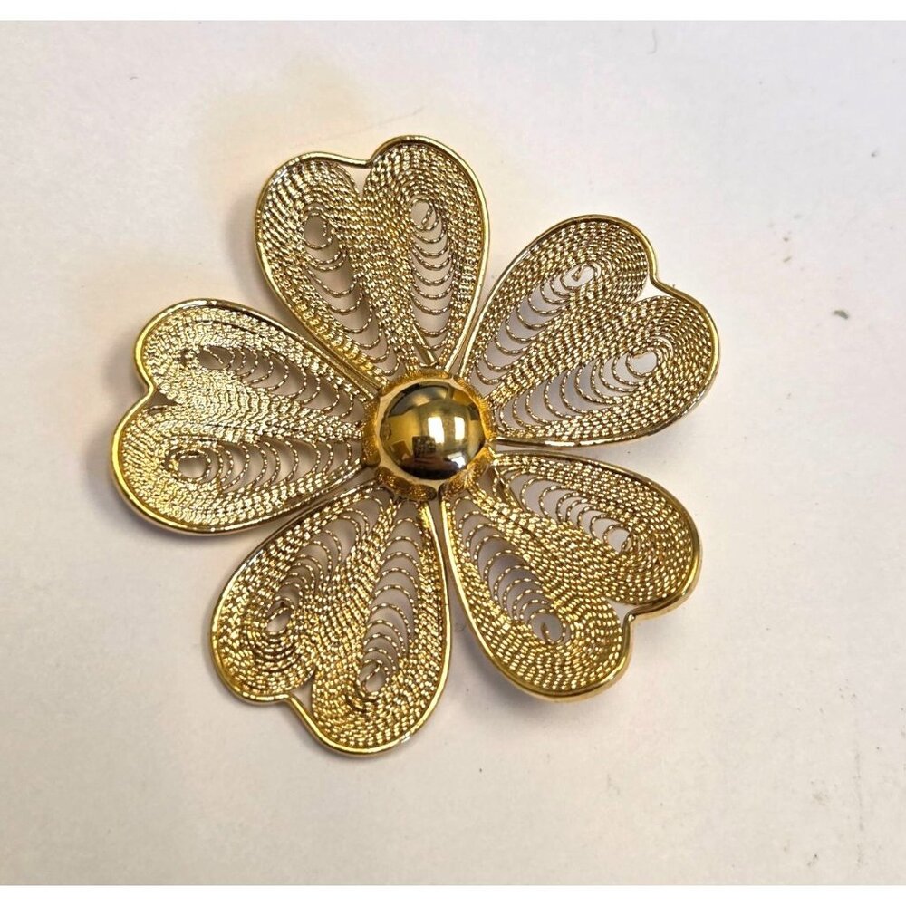 Vintage Gold-Tone Filigree Flower Brooch Pin With Heart Petal Design